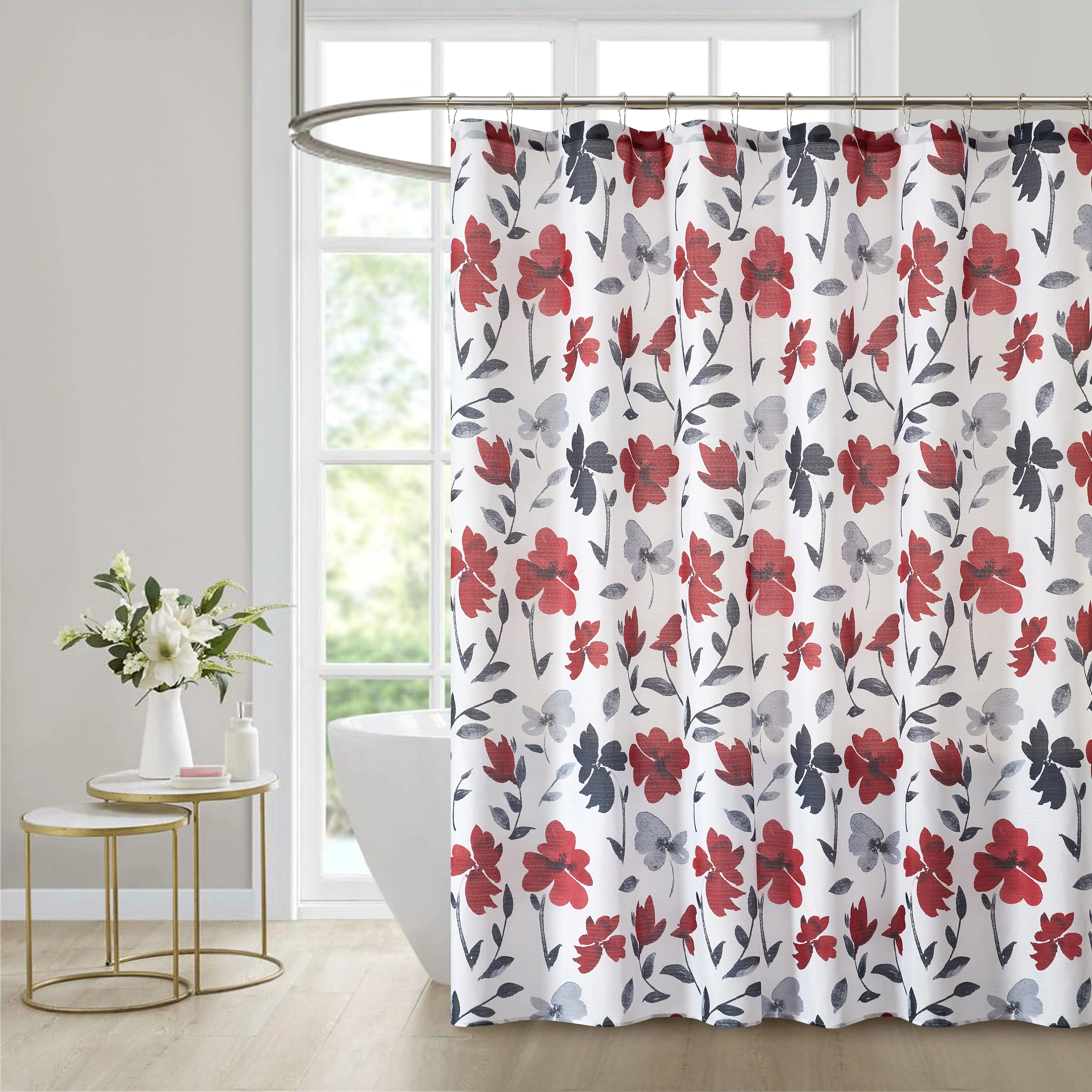 Zwart rood en grijs bloemen douchegordijn, 72" X 72", polyester, douchegordijn, gordijn