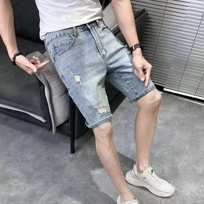 

American Retro Waed Light Blue Men's Denim orts Straight Leg Elastic Casual Pants Five-Quarter Length Youth Faion