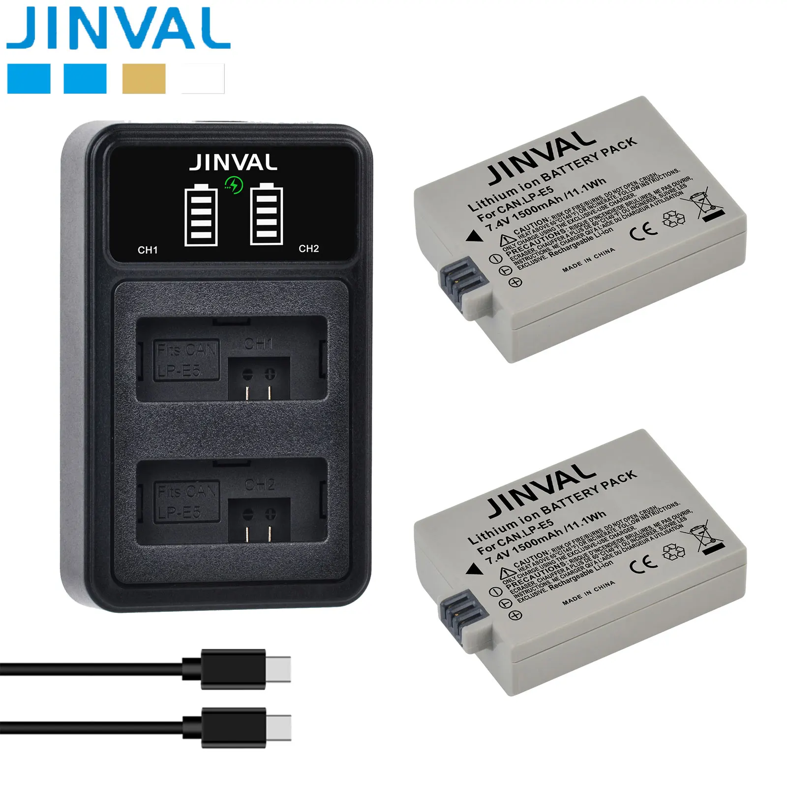JINVAL 1500mAh LP-E5 Battery 7.4V LPE5 LP E5 Rechargeable Battery + PD20W Fast Dual Charger For Canon EOS 450D 500D 1000D