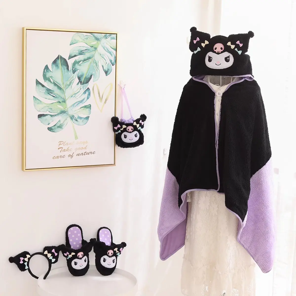 Sanrio Kuromi Áo Choàng Ấm Mũ Trùm Khăn Choàng Ngủ Trưa Sofa Giường Chăn Văn Phòng Trơn Dây Rút Bỏ Túi Hoạt Hình Quà Tặng Cho Bé Gái Kawaii