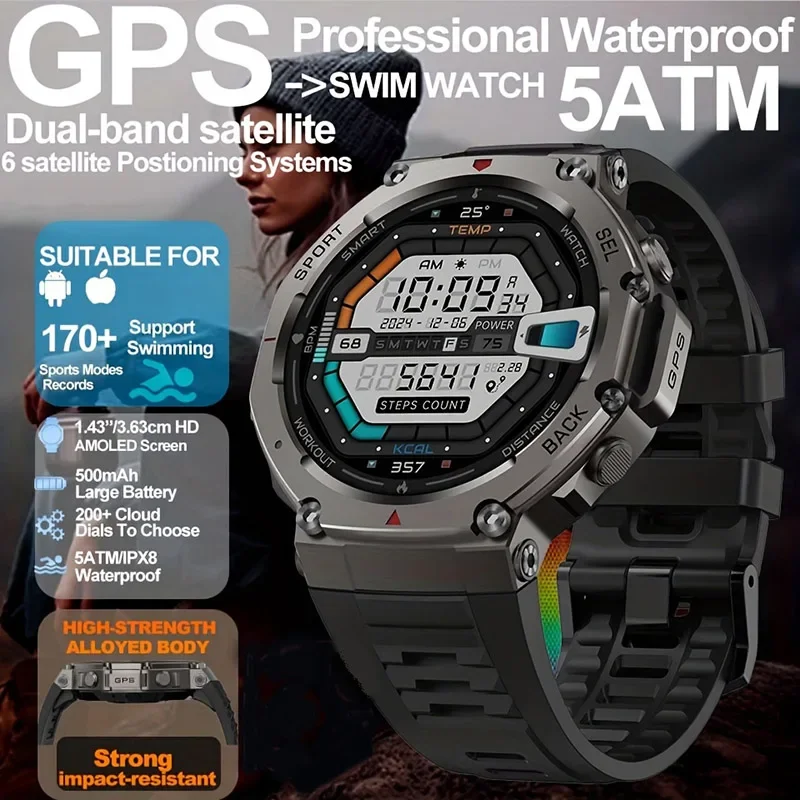 New SmartwatchDual Band GPS Military Smart Watch 1.43inch 10ATM Water Resistant 500mAh Battery Compass Altimeter GPS Smart Watch