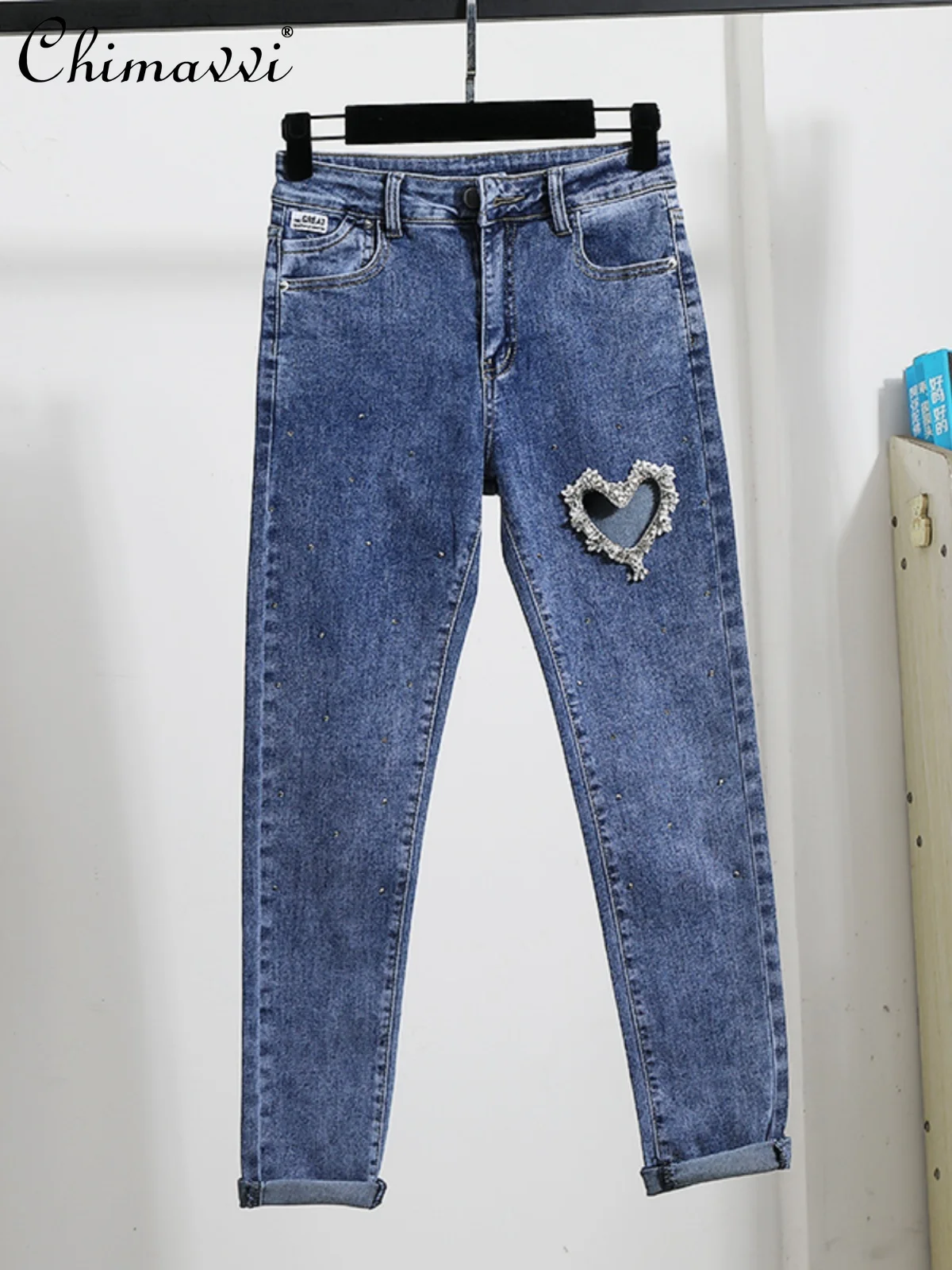 

2024 Spring Summer New Fashion Hollowed-out Heavy Beads Personality Jeans Slim-fit Elegant Straight Ankle-Tied Denim Pants Women