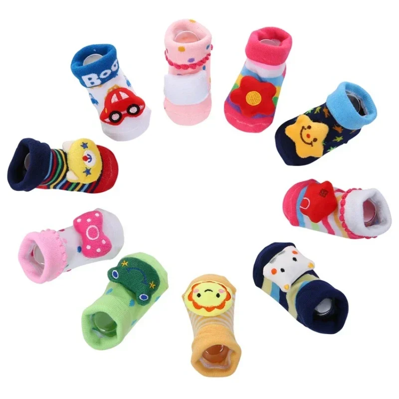 READY STOCK 0-12months Newborn New Cartoon Anti-skid Three-dimensional Doll Baby Socks Striped Dot Cute Children\'s Socks