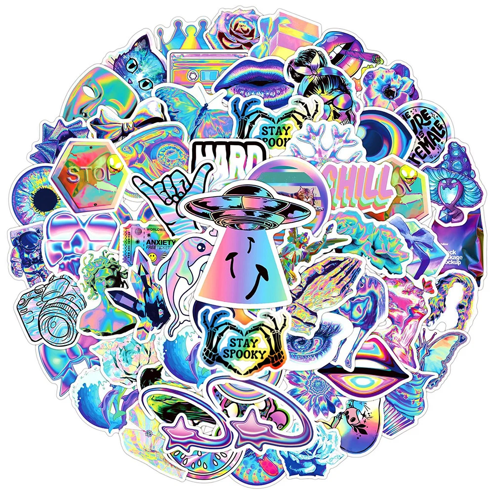 10/30/50/100pcs Cartoon Holographic Laser Aesthetic Stickers Color Cool Graffiti Decals DIY Stationery Laptop Notebook Sticker