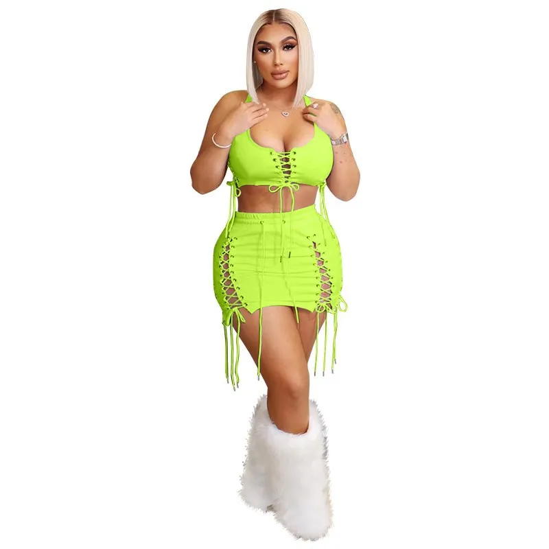 Women Summer Skirt Two Piece Set Beach Suit Neon Color Lace Up Crop Tops Vest Bandage Mini Skirt Outfit Party Club Matching Sets