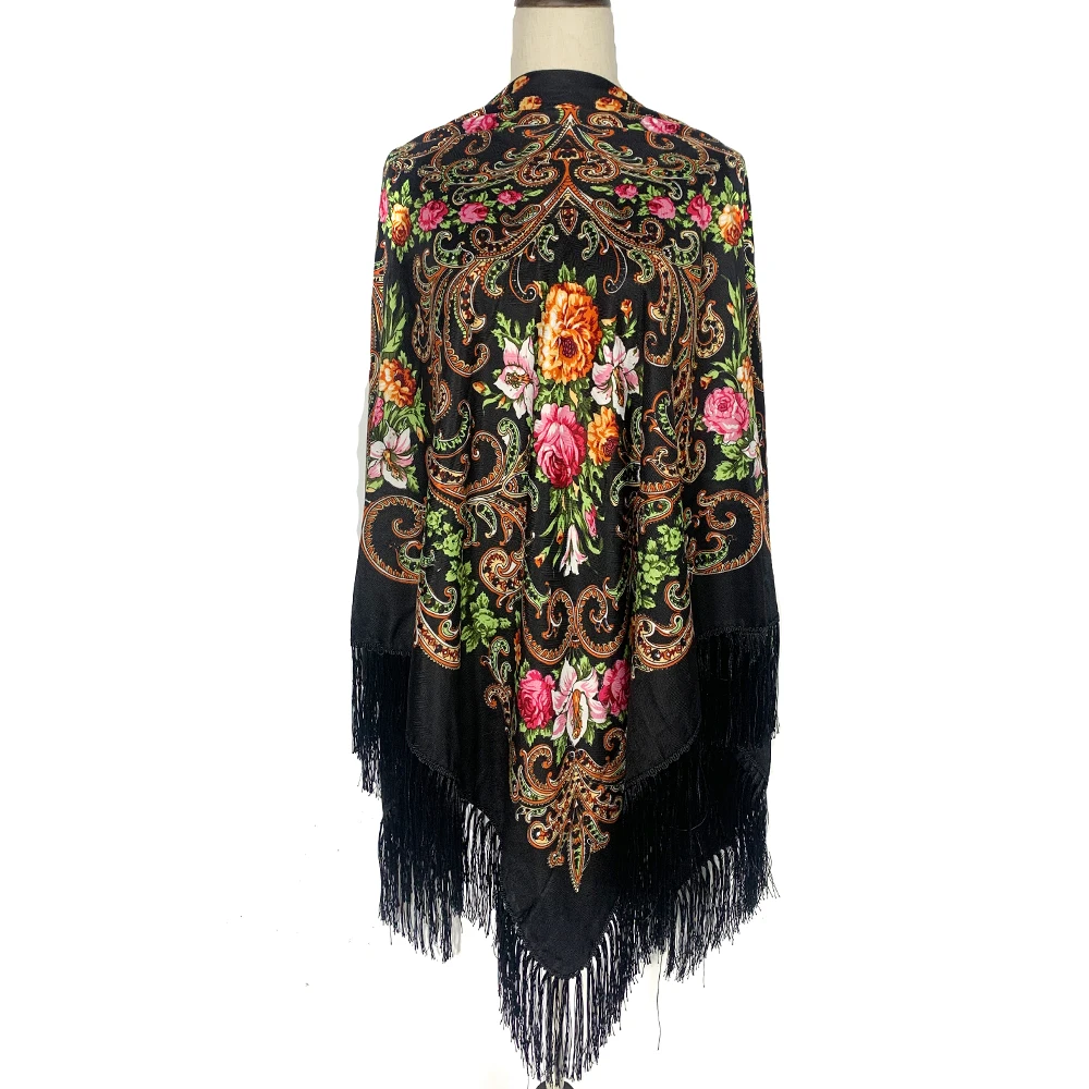 155*155cm Women Russian National Square Scarf Retro Floral Print Ukrainian Shawl Traditional Babushka Handkerchief Fringed Wraps