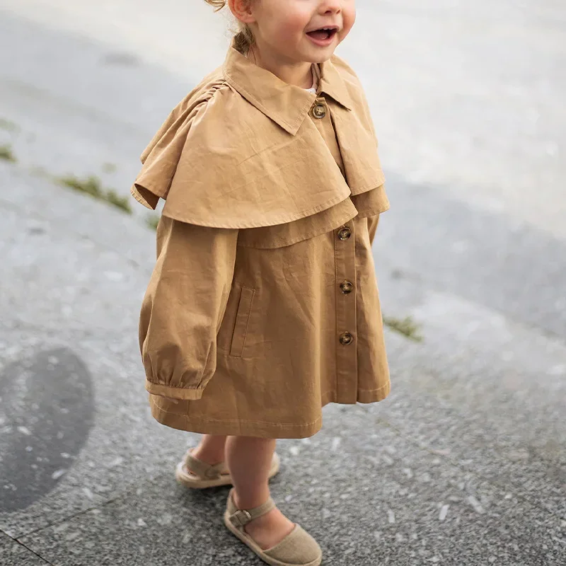 Casual Autumn Baby Girls Coats Brown Windbreak Single Breasted Cloaks Trenchs Turndown Collar Toddler Cardigans Kids Outwears