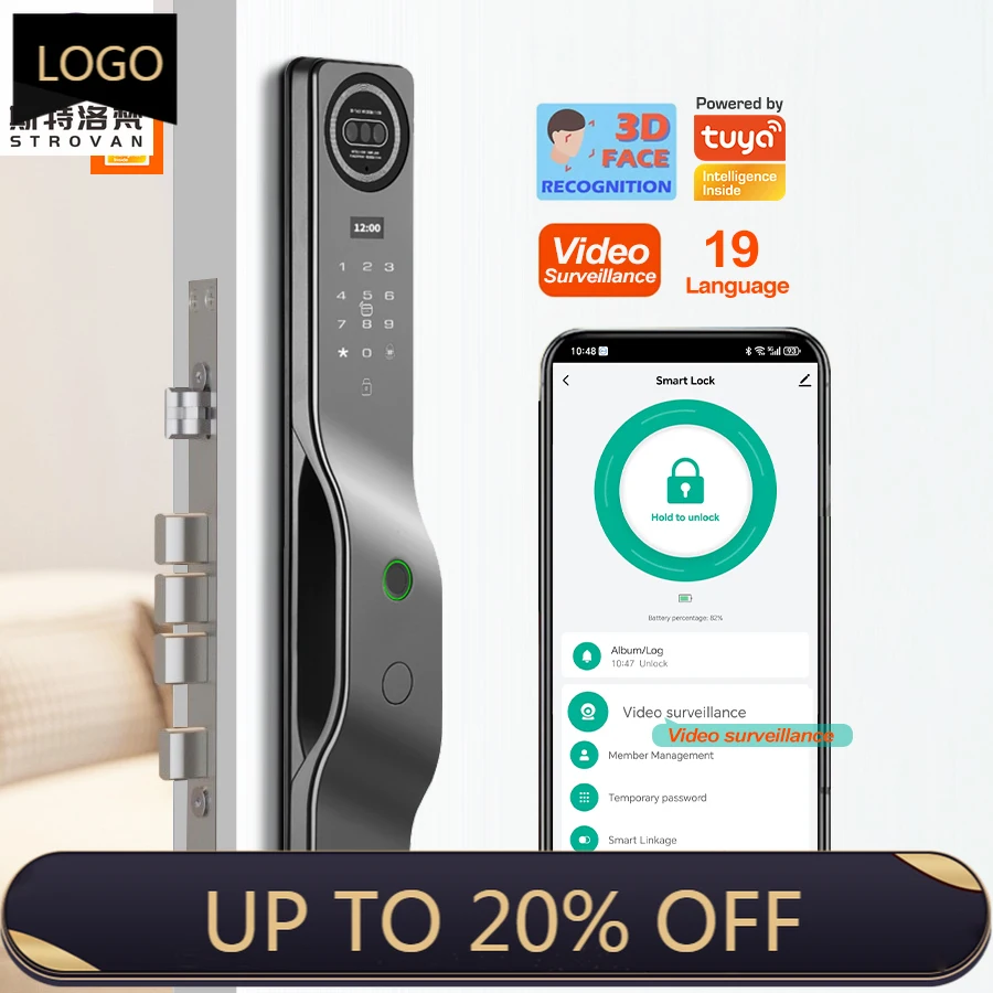 

STLF Ai Tuya App Smart Lock Real-Time Video Surveillance 3D Face Recognition WiFi Biometric Fingerprint Digital Lock for Wood