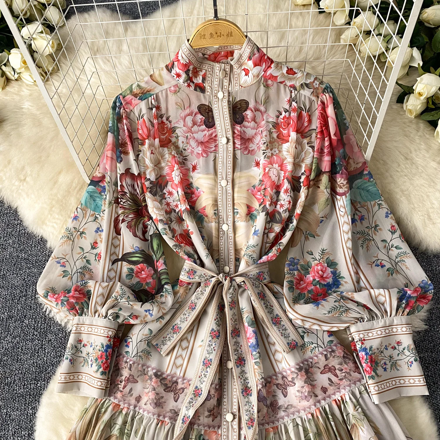 Summer Autumn Floral Print Maxi Dress Shirt Women Long Sleeve Single Breasted A Line Palace Design Loose Printing Party Vestidos