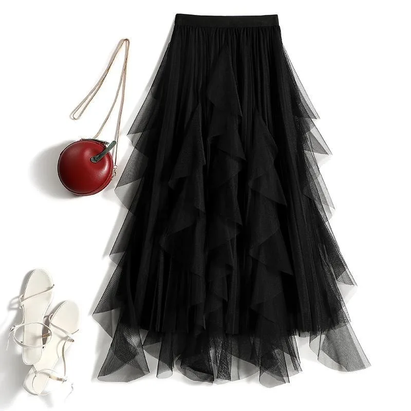 Autumn New High Waist Irregular Stitching High-End Mesh Skirt Womens Mid-Length Large Hem Pleated Skirt A- Line Skirt