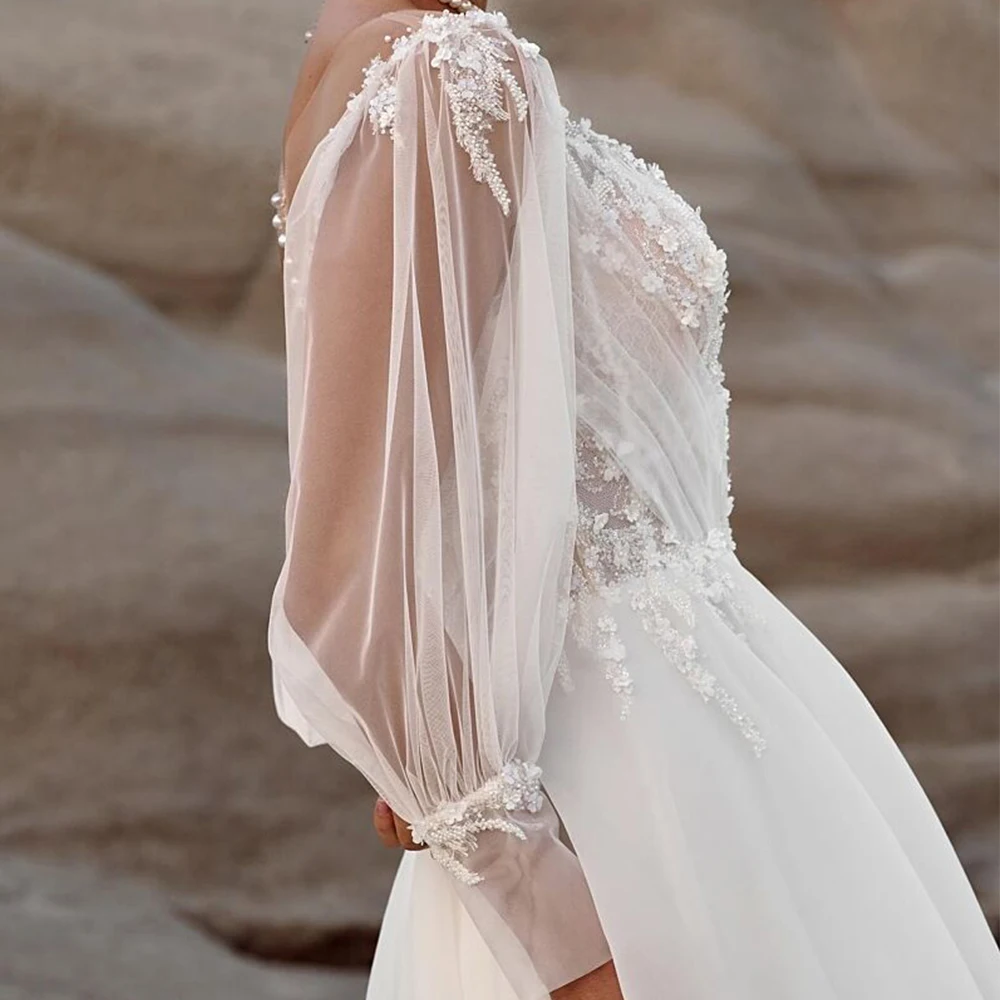 매력적인 브이넥 레이스 웨딩드레스 2025 A라인 여성용 긴팔 오간자 웨딩드레스 2025 여름