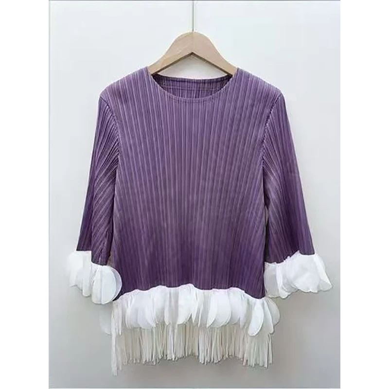 

Осенняя приталенная футболка с плиссированным воланом и 3D-декором, дизайнерская верхняя одежда, женский топ в этническом стиле для трансграничной торговли