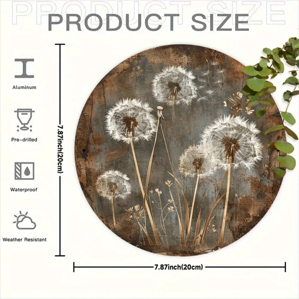 Retro Dandelion Metal Sign 7.87in Round Aluminum Wall Art Rustic Home Kitchen Garden Office Decor Holiday Room Decoration Gift