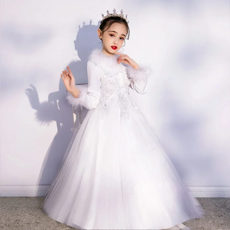 Abend Prinzessin Mädchen Party weiß Abschluss ball Tüll Kleid flauschige Blumen mädchen Winter Samt Hochzeit Kleinkind Kleider für das neue Jahr