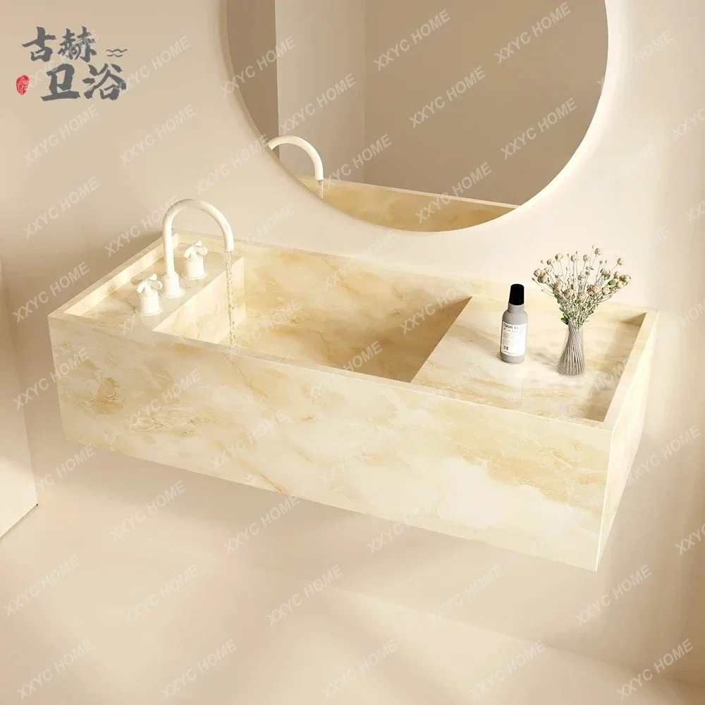 القرون الوسطى الرجعية الياقوت الرخام الفاخرة حجر لائحة غسل اليدين والوجه خزانة حمام مصمم الأزياء