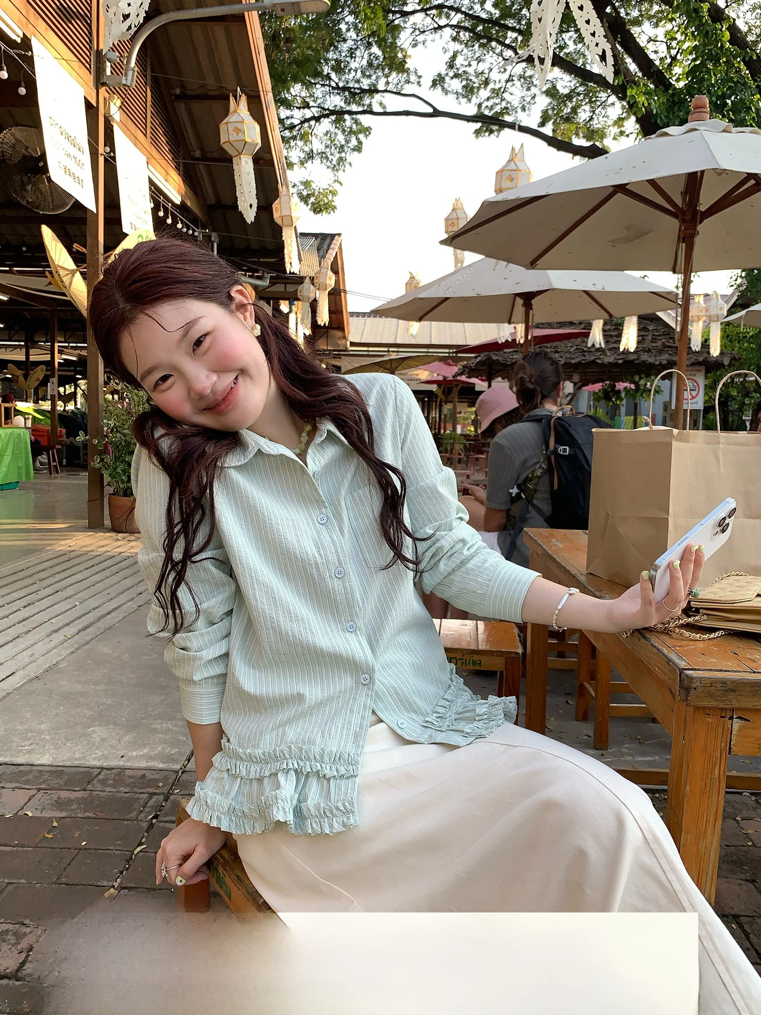 

Korean Sle Long Sve Women's irt Floral Trim Striped Hemline Slim Fit Polyester Cotton Viscose Blend Spring New Arrival