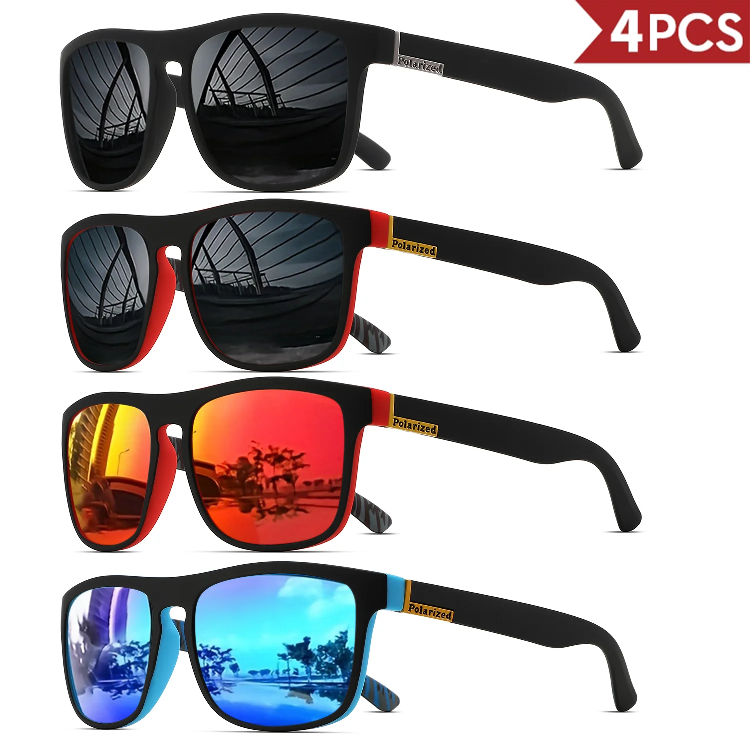 4PCClassic Vierkant Gepolariseerde Sportzonnebril Lichtgewicht PC-frame UV400 voor Rijden Vissen Fietsen Unisex Dagelijkse duurzaamheid
