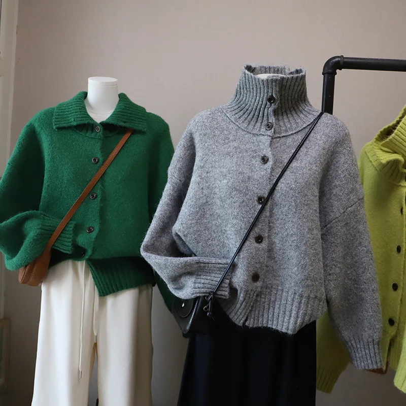 Korean Style Turn Down Collar Loose Cardigans 2025 Autumn Women's Solid Color Single Breated Sweater Coat Female Vintage Tops