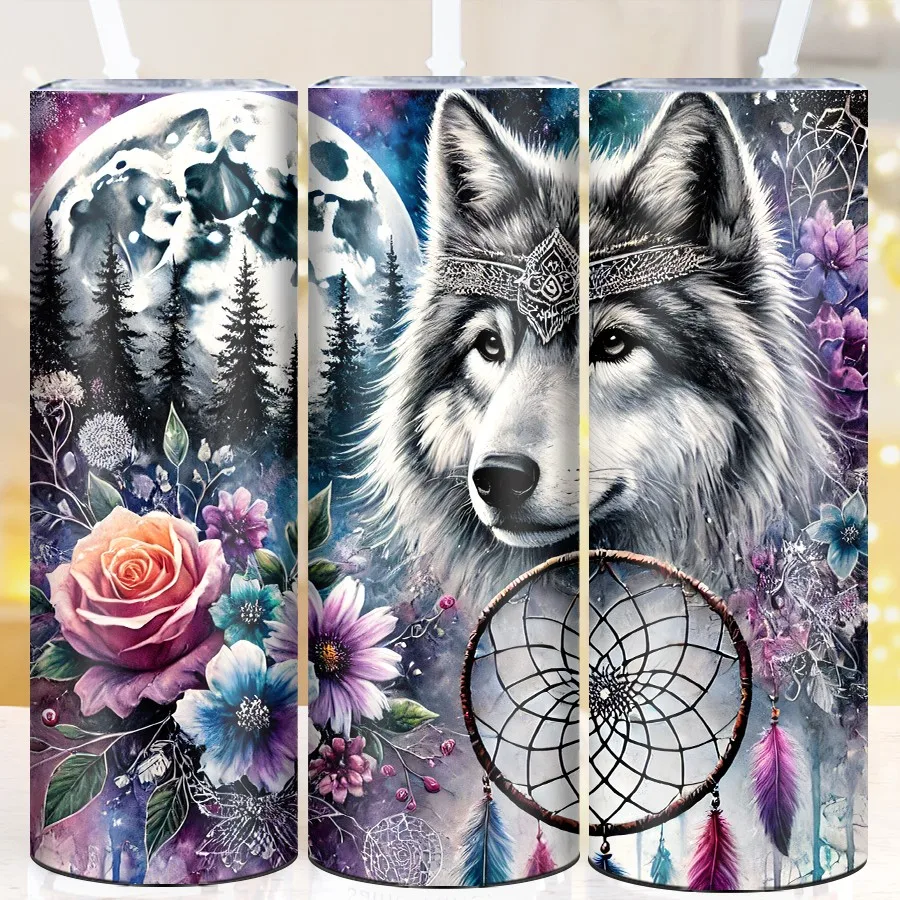 20oz Stainless Steel Insulated Travel Party Cups Lid Straw Straight Coffee Tumblers 3D Print Moon Wolf Flowers Vacuum Mugs