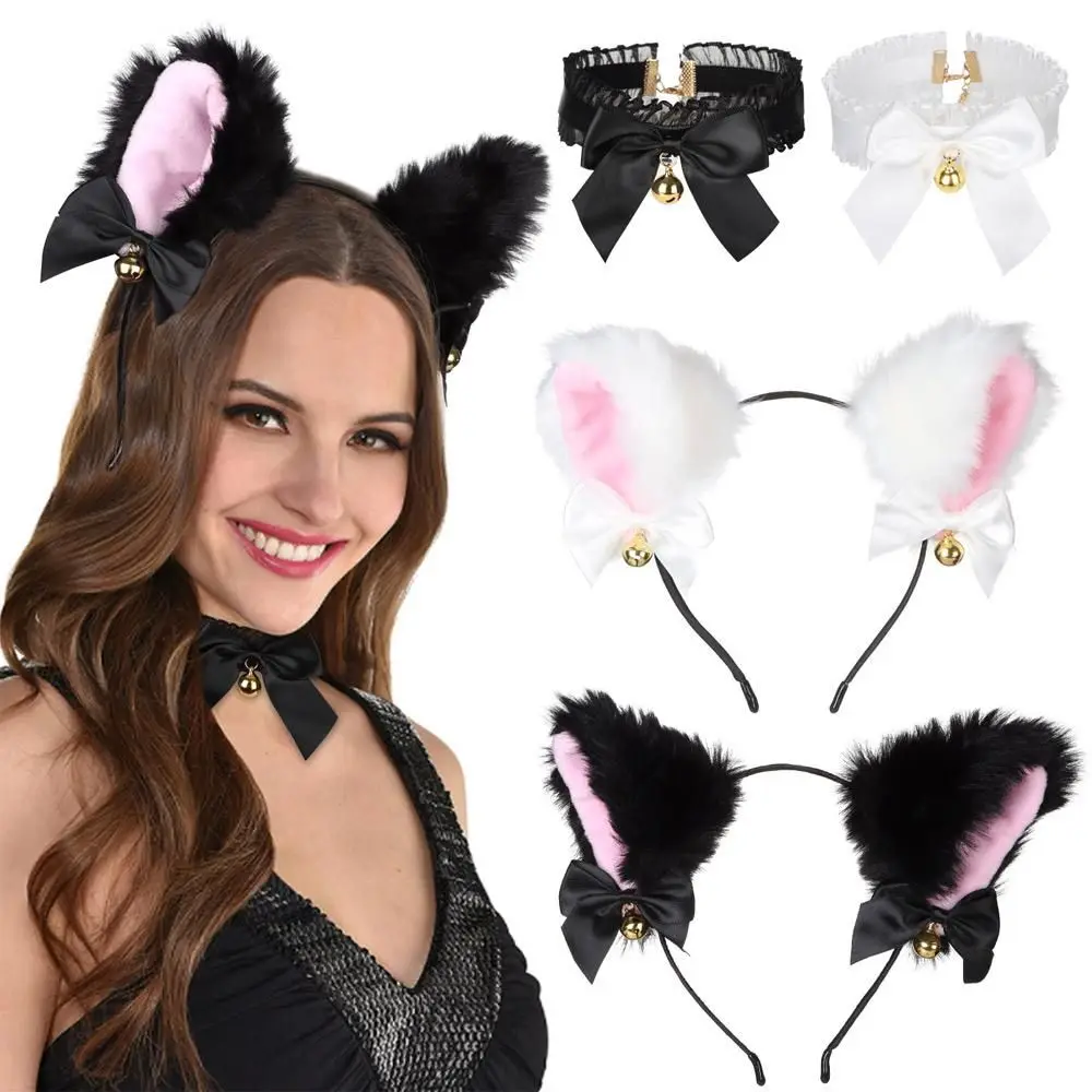 

2 Pcs Cat Ear Headband With Bells Necklace Cosplay Girl Plush Furry Cat Ears Headwear Fancy Dress Hairband For Costume Party