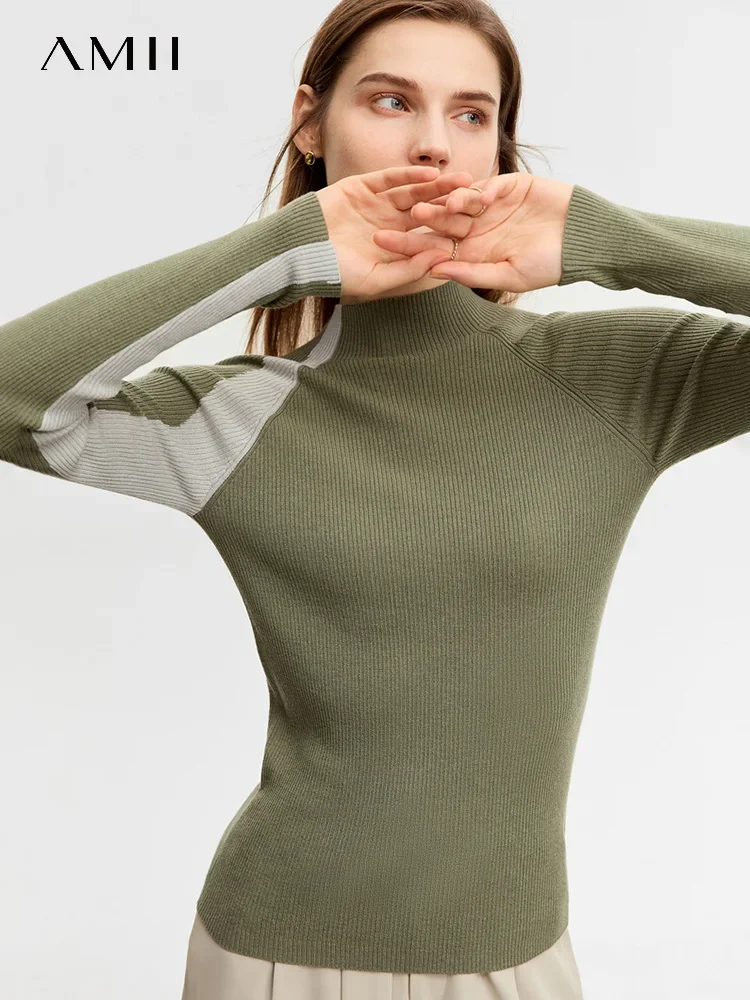 

AMII Minimalist Women Sweater 2023 Winter Color Block Patchwork New Warm Slim Knitted Cozy Pullover Mock Neck Fleece 12344300