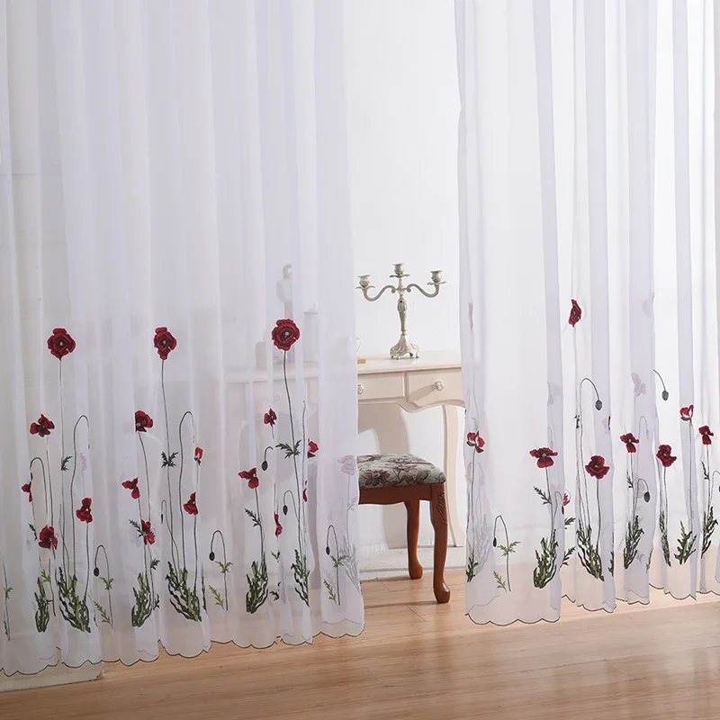 2023 new White Sheer Embroidered Red Flower Curtains Tulle for Living Room Simple Pastoral Window Screen Voile Curtain