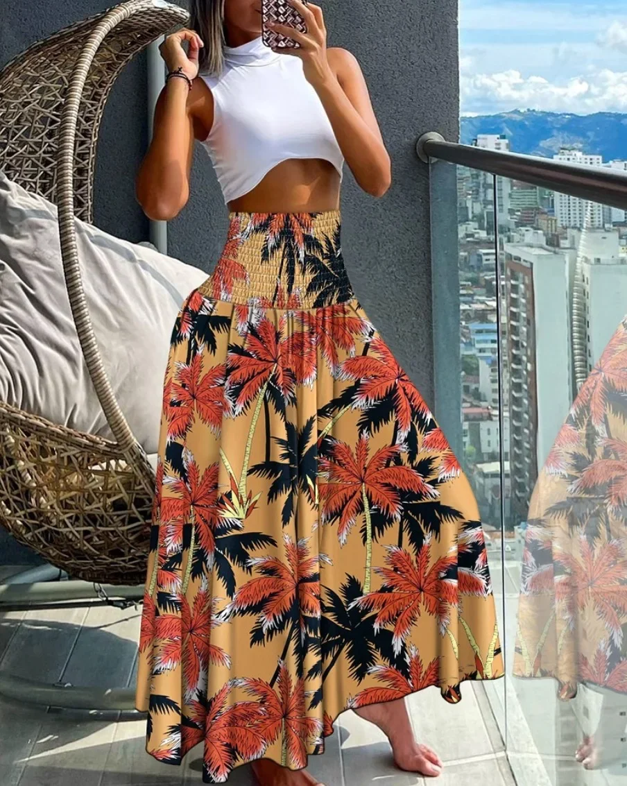 Damen Maxirock mit Smok-Details, hoher Taille und Paisley-Print – Fließender A-Linien-Rock für Strandurlaub und Freizeit – Detail 11