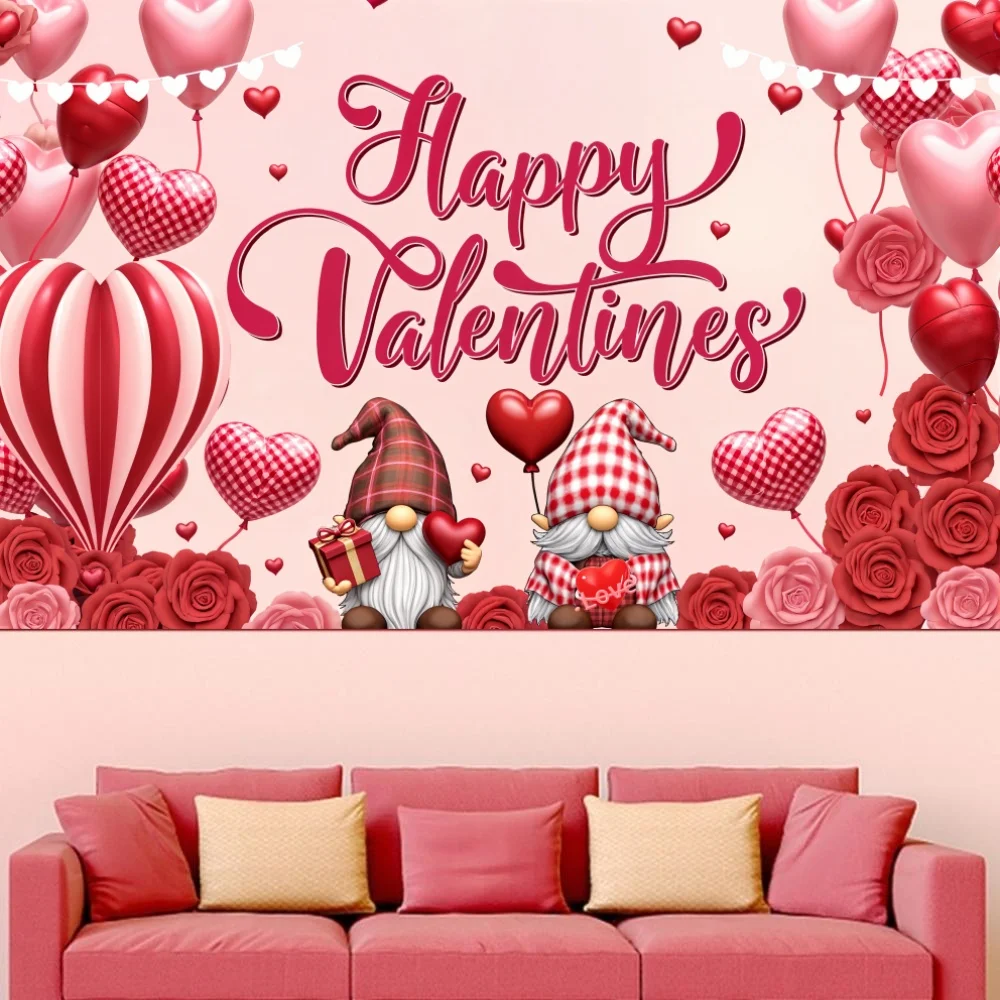 Love Heart Gnomes Banner Happy Valentine's Day Decor Romantic Theme Party Background Celebrate Anniversary Wedding Photo Supply