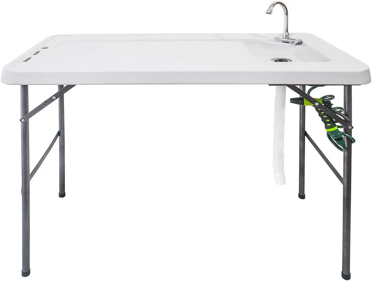 Folding Fish Cleaning Table with Sink and Spray Nozzle, Heavy Duty Fillet Table with Hose Hook Up and Faucet, Portable Outdoor C