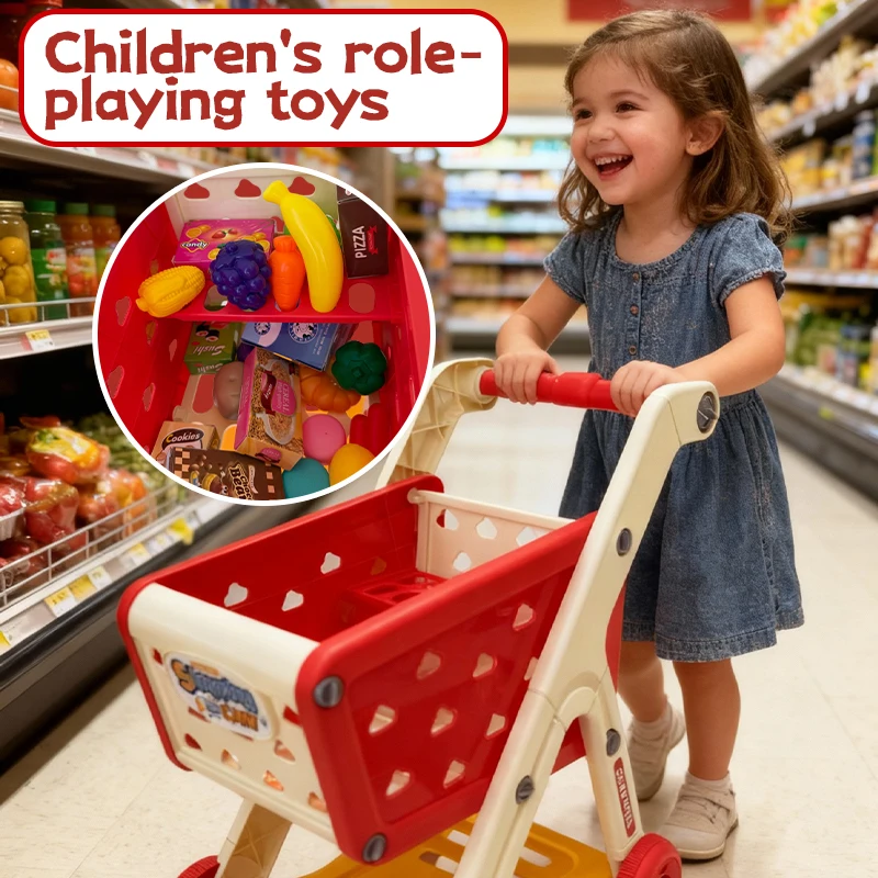 어린이 쇼핑 카트 장난감 17PCS – 레드 |   과일 및 음식 상자가 포함된 소꿉놀이 세트 |   바퀴와 수납공간이 있는 48cm 푸시카트 |
