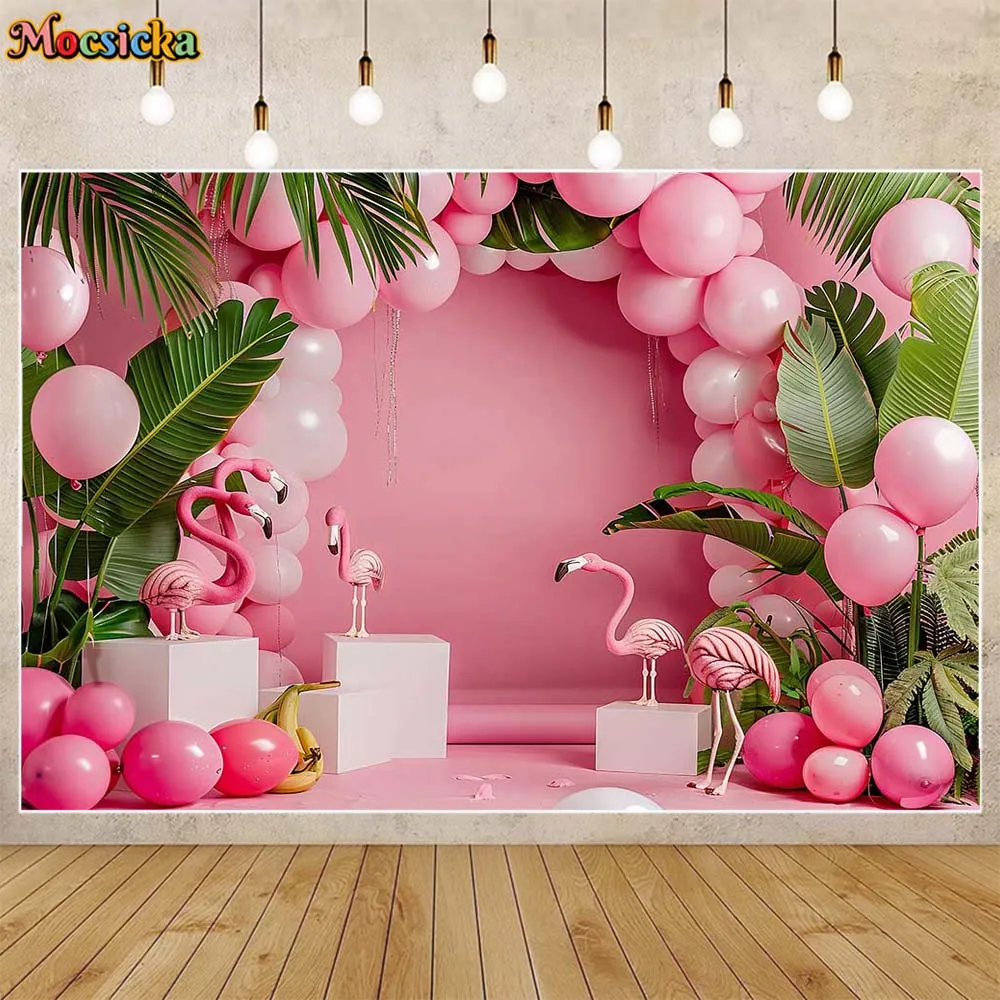 Mocsicka-خلفية تصوير للأطفال ، جدار وردي وقوس أرضي ، بالونات ، فلامنغو ، أوراق النخيل ، خلفيات صور للأطفال ، مستلزمات تصوير الصور