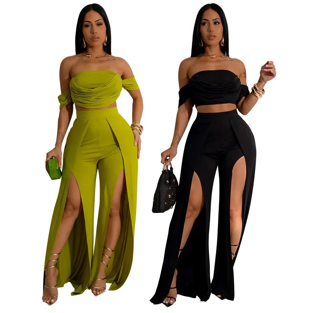 Women's Set Short Sleeve Slash Neck Ruched Tops and Wide Leg split Pants 2024 Street Two 2 Piece Sets Outfit Tracksuits