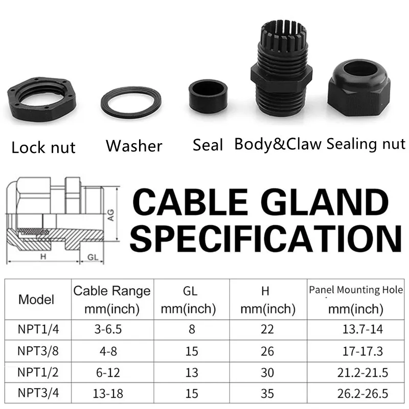 38pcs NPT Nylon Cable Glands Kit Waterproof Adjustable 1/4'' 3/8'' 1/2'' 3/4'' Plastic Strain Relief Cord Connectors With Gasket