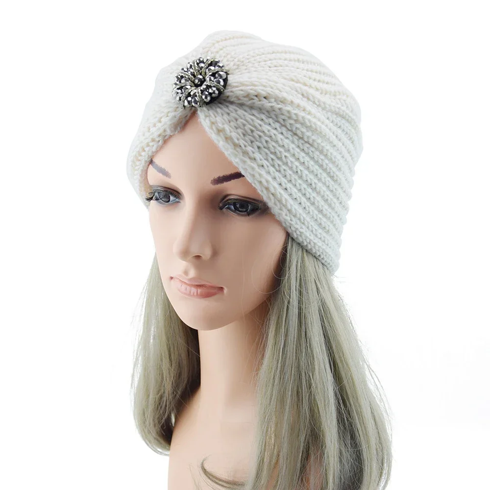 Bohemian Style Winter Woolen Flower Drill Belt Knitted Hat European and American  Women Turbans Cap