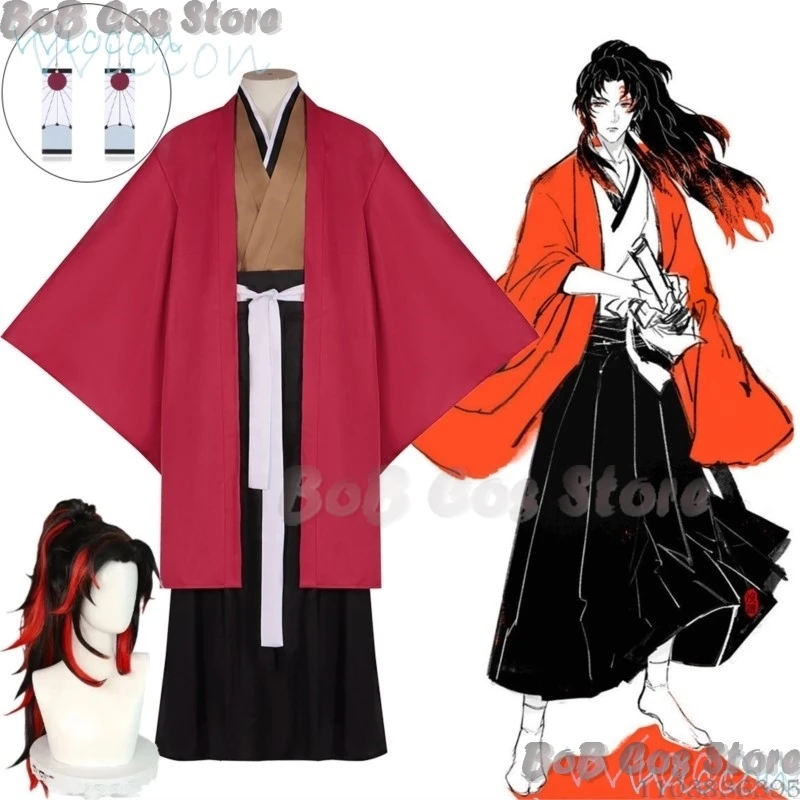 Anime Tsugikuni Yoriichi Cosplay Costume Prop Black Red Wig Earrings Red Japanese kimono Suit Man Holloween Party Roleplay Set