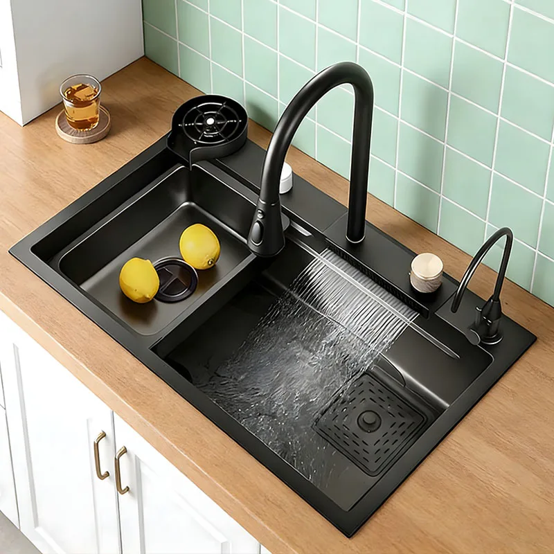 

Многофункциональная кухонная мойка большой вместимости с двойным треком, двойным режимом водопада, выдвижным смесителем, омывателем для чашек и сеткой для сбора отходов