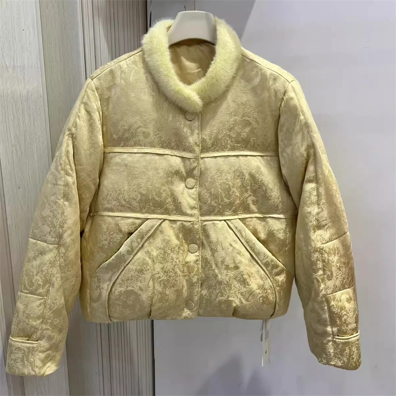 Jaket Musim Dingin 2025 Wanita Kerah Bulat Model Sambung Bulu Imitasi Pendek Tebal Hangat Gaya Cina Bordir Pelangsing Pakaian Luar