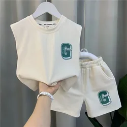 Conjunto de ropa de seda para niños, Tops sin mangas, pantalones cortos sueltos, sudaderas con capucha y pantalones, estampado de letras, moda de verano, 2 piezas