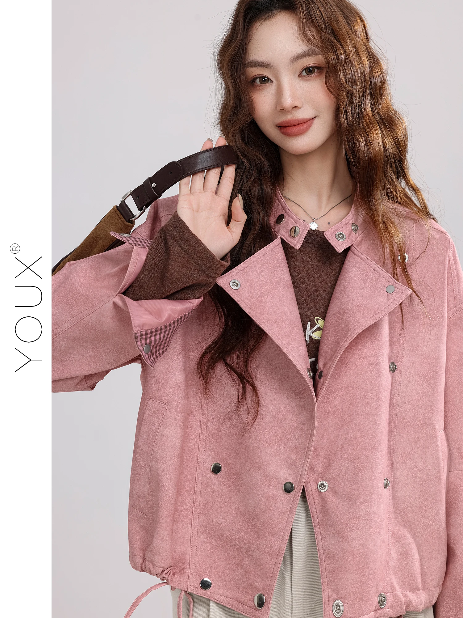 Merchinc スノープラム スタンドカラー モーターサイクルスタイル スエード ショートジャケット 2025年秋新作 チェック柄レザーコート レディースファッション