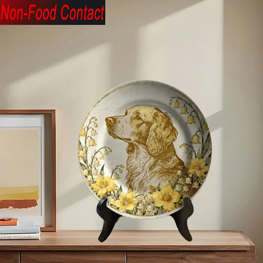 1pc Elegant Ceramic Decorative Plate with English Setter Dog & Lily Flower Pattern - Golden-Toned Round Non-Food Contact
