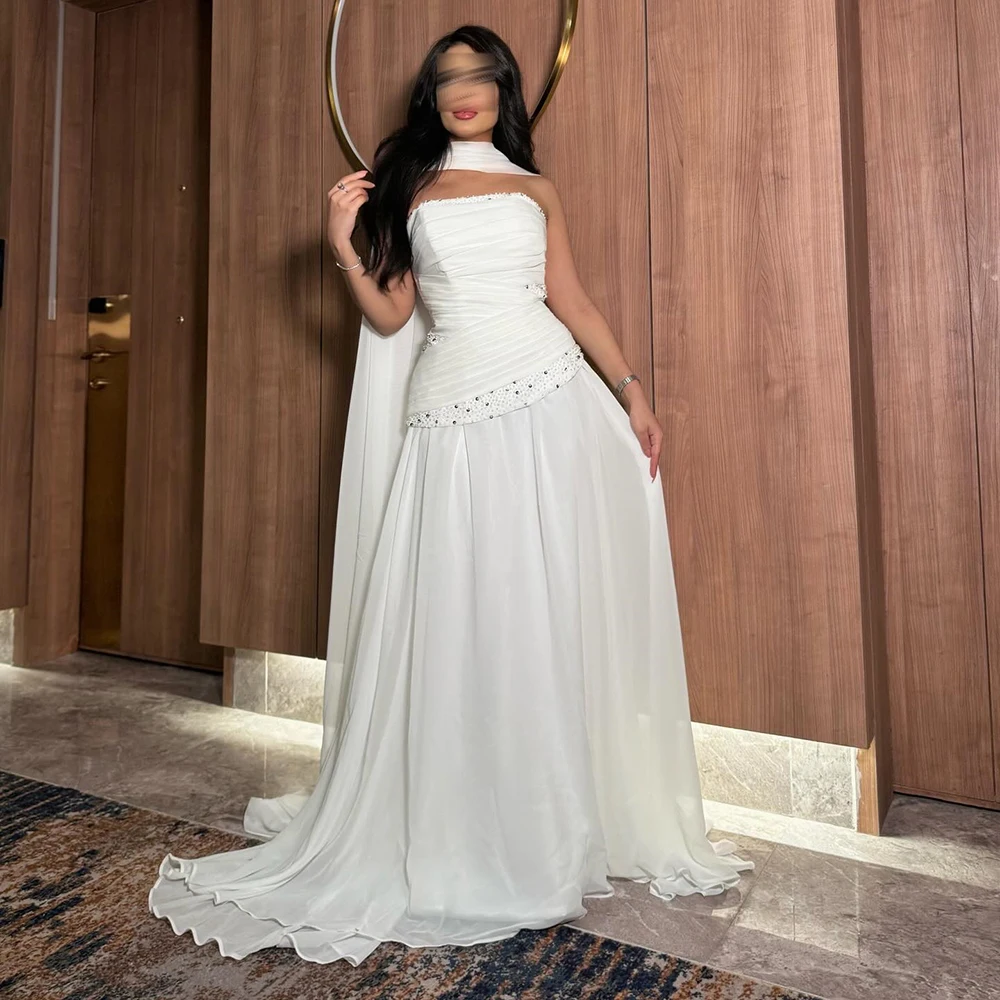 Customized Strapless White Chiffon A-line Evening Dress With Crystal Cape Backless Party Dress Sleeveless Floor Length Prom Gown