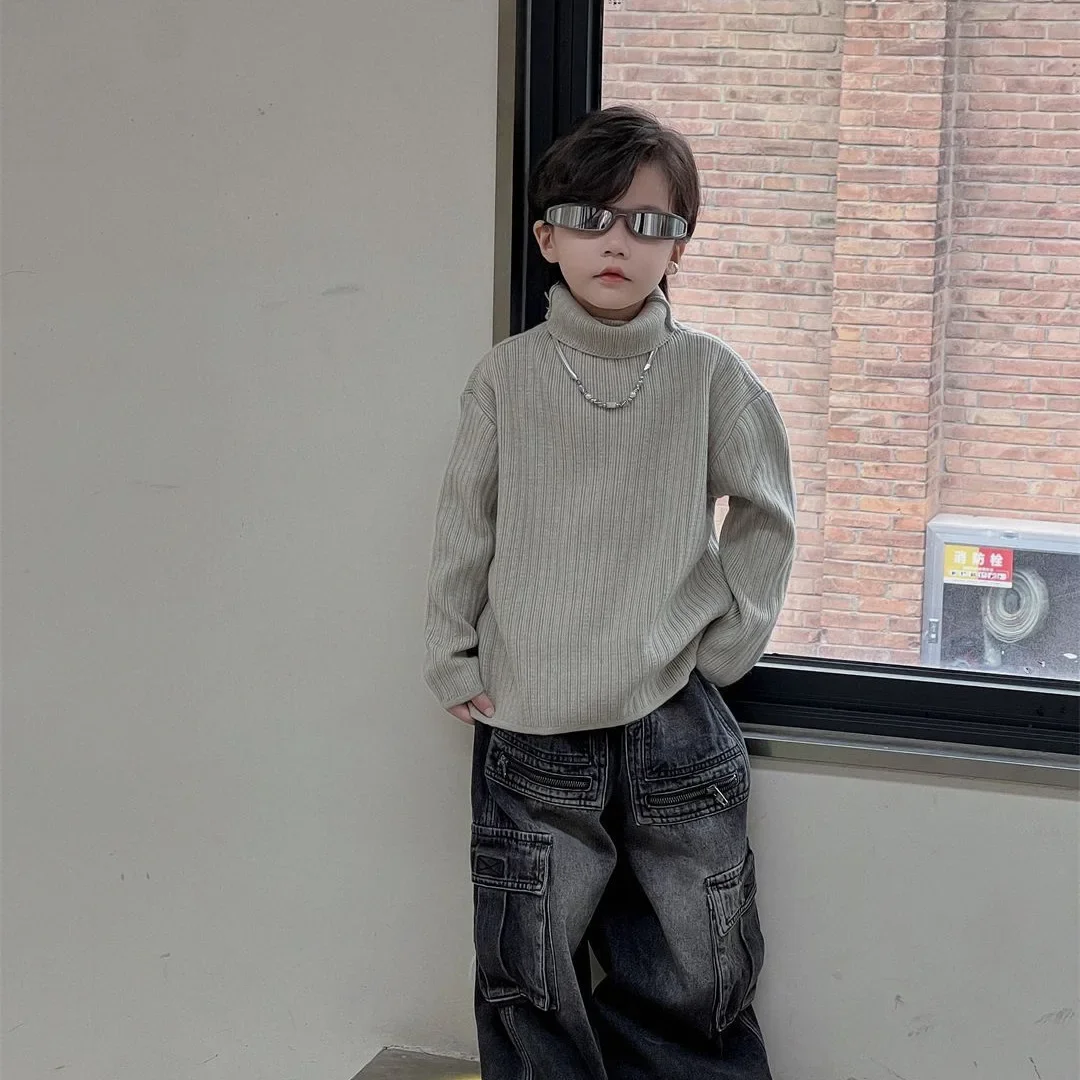 Children Clothing Solid Color Simple All Matching Sweater 2024 Winter New Loose Pullover Boys Soft Comfortable Undershirt