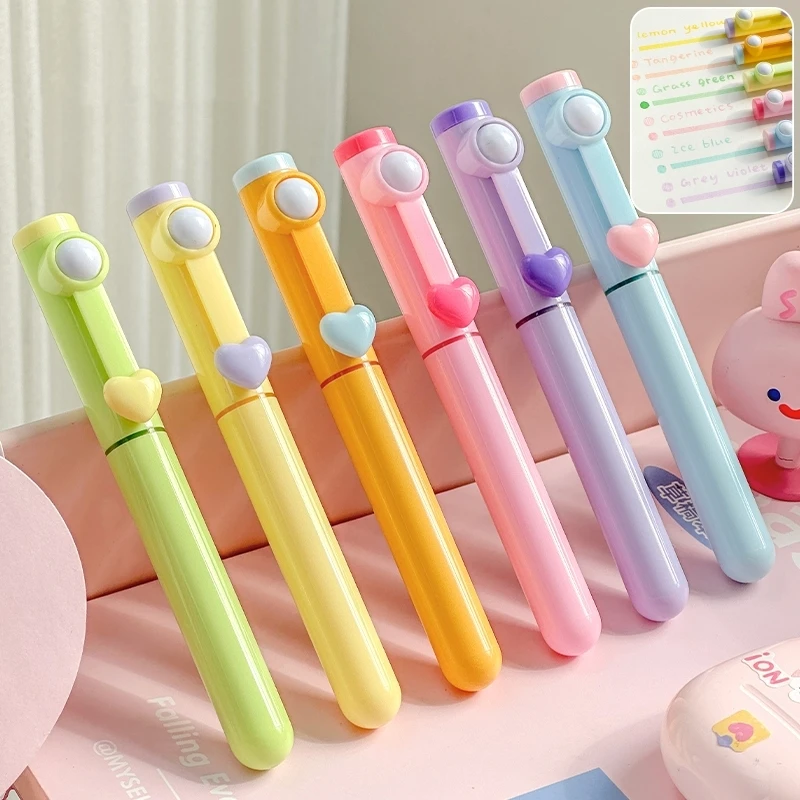 6pcs Sweet Love Color Highlighter Pens Set Rotating Decompression Marker Liner for Drawing Paint School A7618