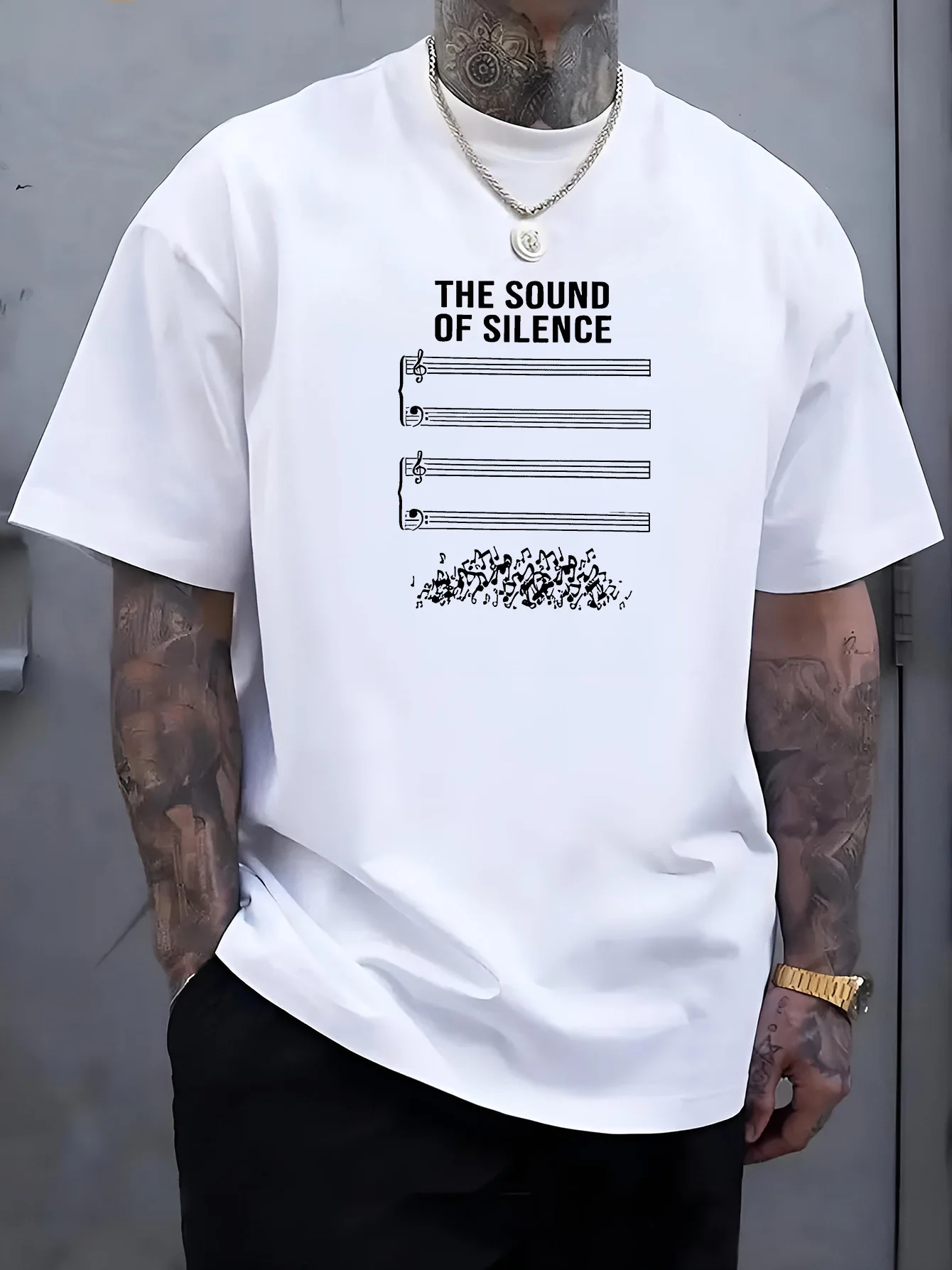 Men White Crew Neck Tee The Sound Of Silence Blank Staff Chaotic Music Note Graphic Musician Minimal Casual Cotton Tops