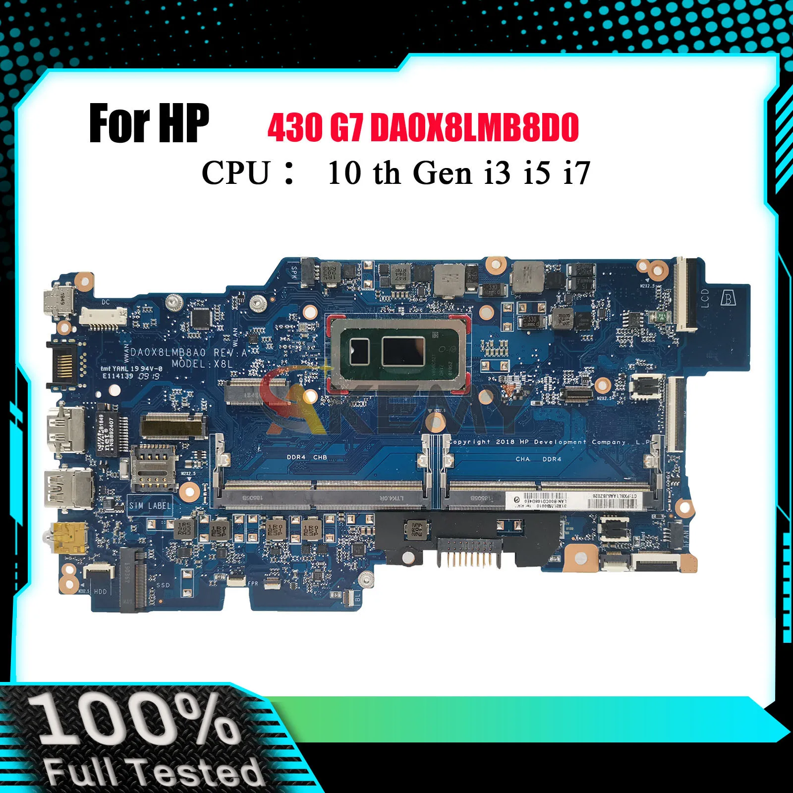 

DA0X8LMB8D0 Laptop Motherboard For HP ProBook 430 G7 With i3 i5 i7 10th Gen CPU DDR4 L77217-601 L77221-601 100% Fully Tested