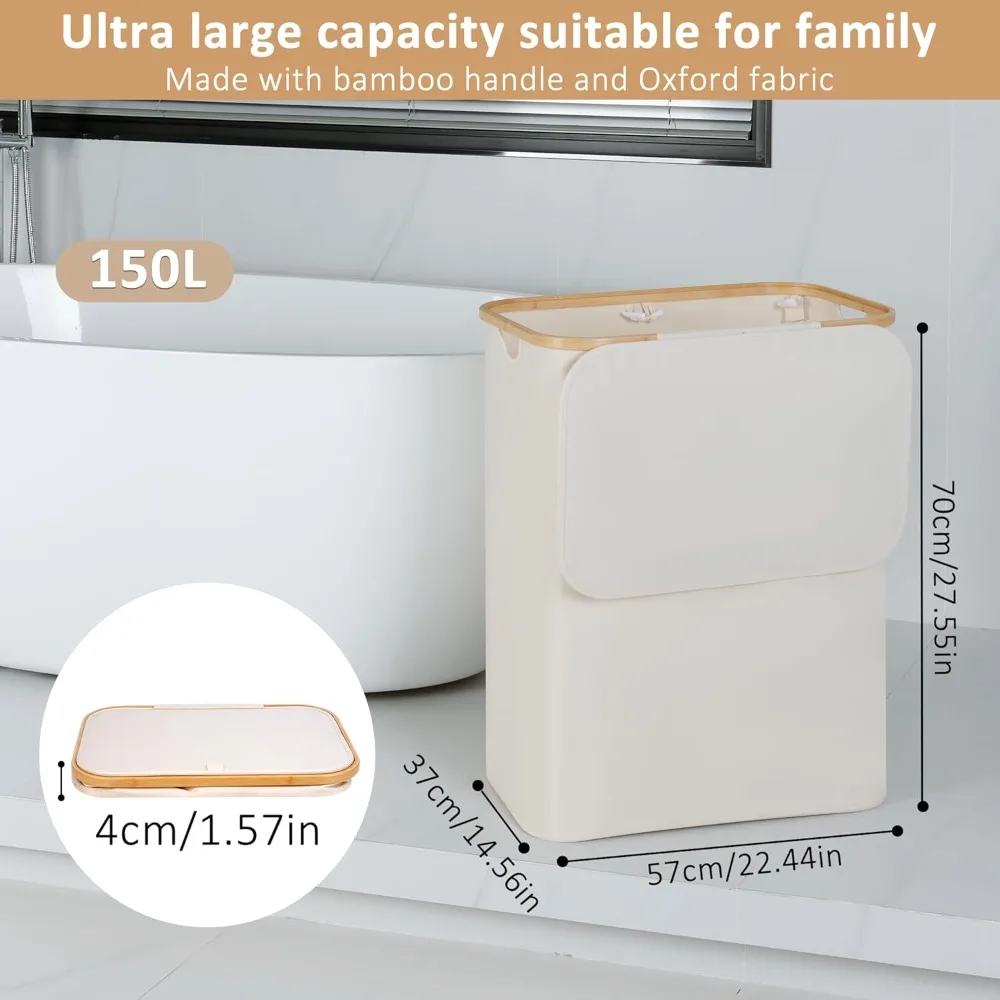 

150L Collapsible Laundry Basket with Lid & Bamboo Handle, Large Foldable Hamper for Family Clothes Toys Storage