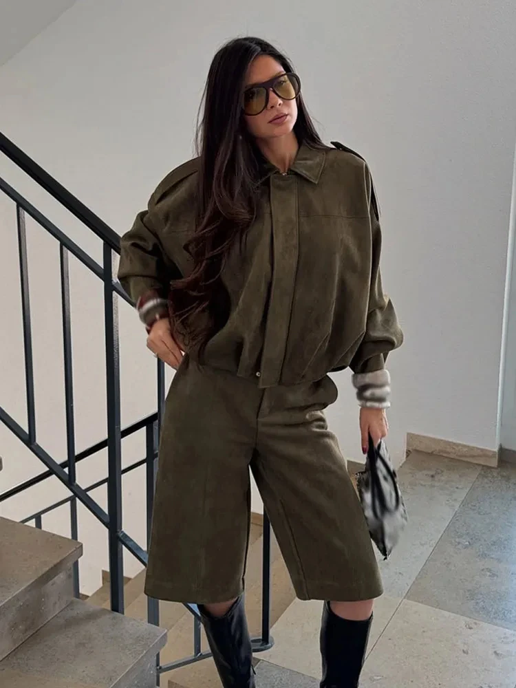 

TRAFZA Spring 2025 Women's Retro Suede Short Commuter Jacket Set High Waist Zipper Bed Casual Shorts Women's Street Clothing Y2K