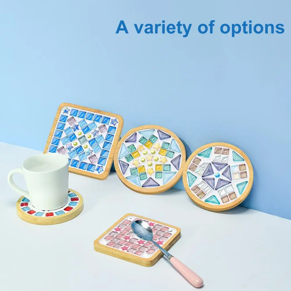 

Mixed Color Mosaic Kit with Wooden Coaster DIY Glass Mosaic Tile Coaster Set Handmade Mosaic Crafts Coaster with Accessories