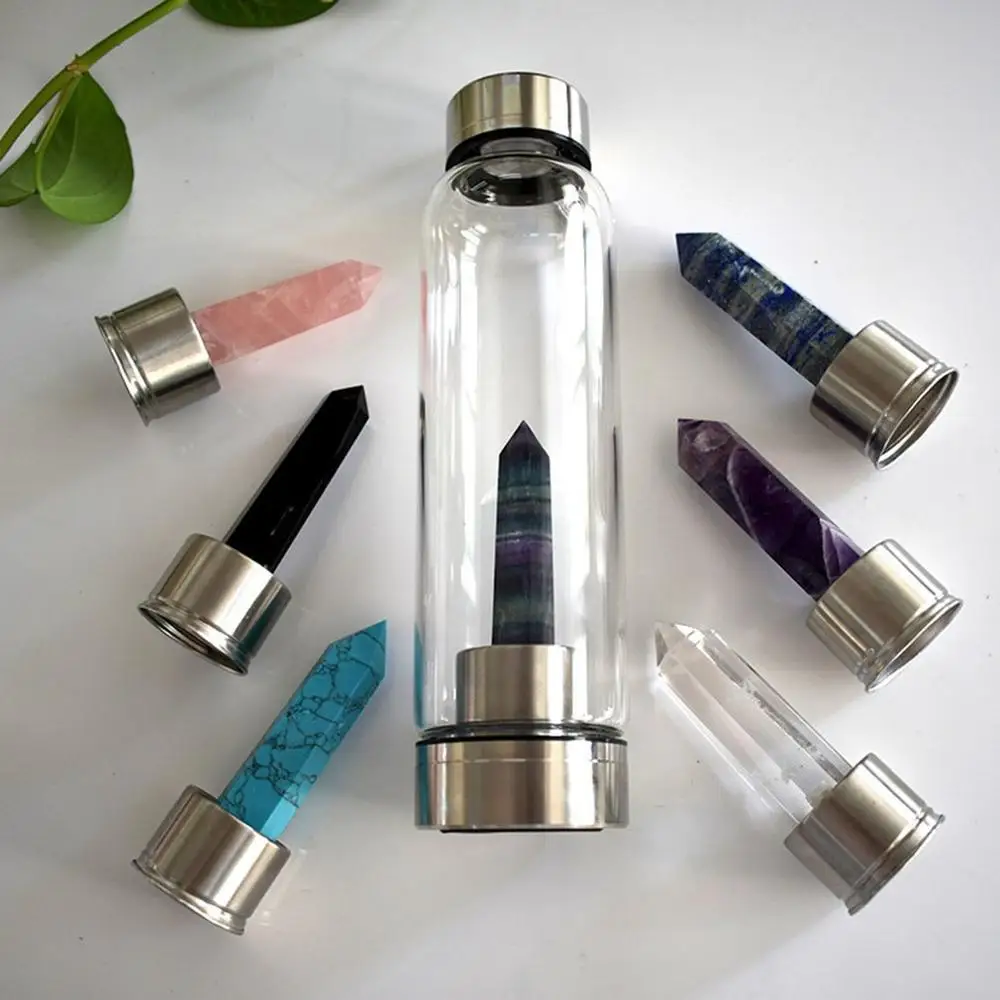 Natural Quartz Gemstone Crystal Hexagonal Pointed Column+Bottom Mesh Water Bottle Energy ( Not Include )