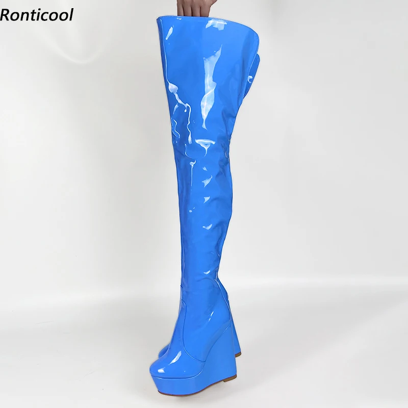 

Ronticool/женские зимние глянцевые ботинки на платформе, боковая молния, танкетка, каблуки с круглым носком, небесно-голубой, серый, вечерние туфли, размер США 5-20